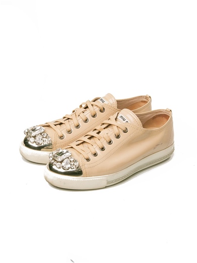 Miu Miu Jeweled Cap-Toe Leather Sneaker