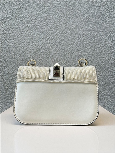 Valentino White Calfskin Leather and Pearls Rockstud Lock Small Omuz Çantası
