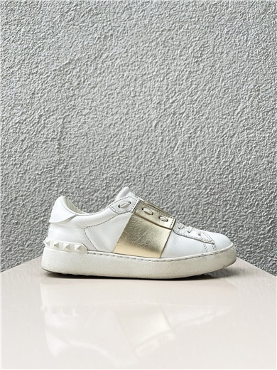 Valentino White With Gold Stripe Rockstud Sneaker